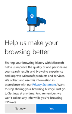 Microsoft Edge beta for Android welcome screen allowing users to opt out of browser tracking. (Source: Own)