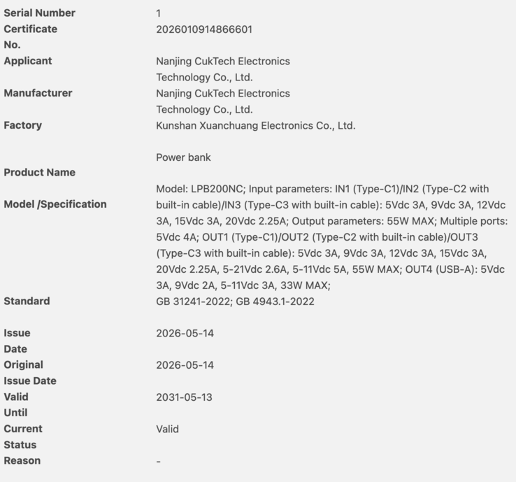 The 3C database filing for the Cuktech LPB200NC power bank