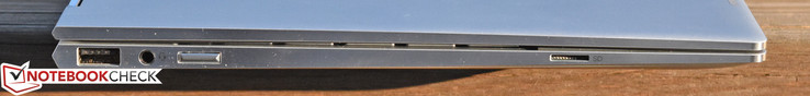 Left: USB Type-A, combo audio jack, Power button, microSD card reader