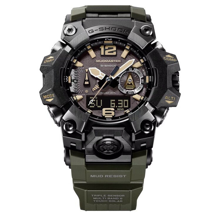 Close-up of the G-Shock Mudmaster GWG-B1000-1A3 dial showing tan hour markers, luminous hands, a digital display, and compass markings.
