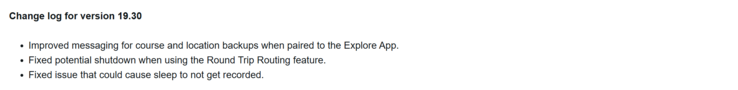 The change log for Garmin Beta Version 19.30 for the Fenix 7 and other smartwatches. (Image source: Garmin)