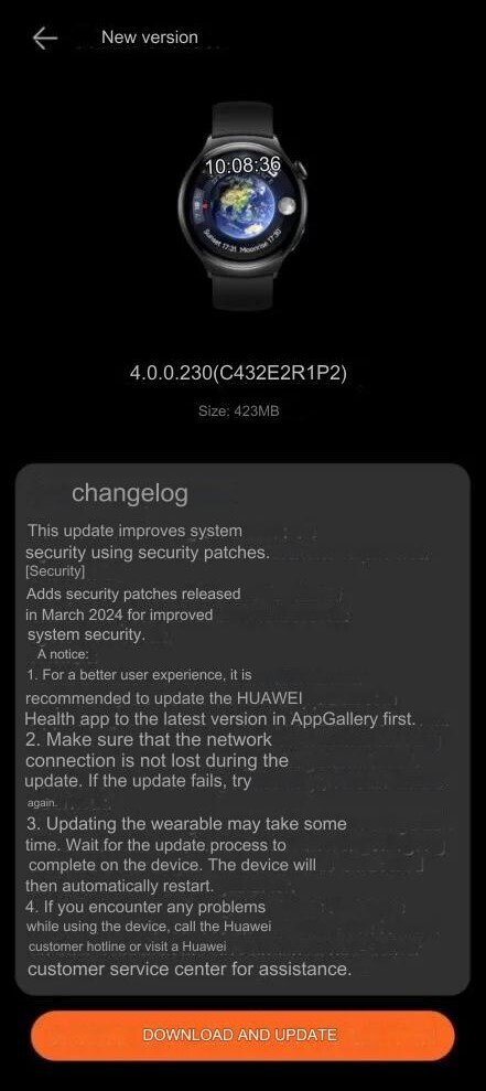 The change log for the March 2024 Security Patch for the Huawei Watch 4 Pro. (Image source: Huaweiblog.de via Google Translate)