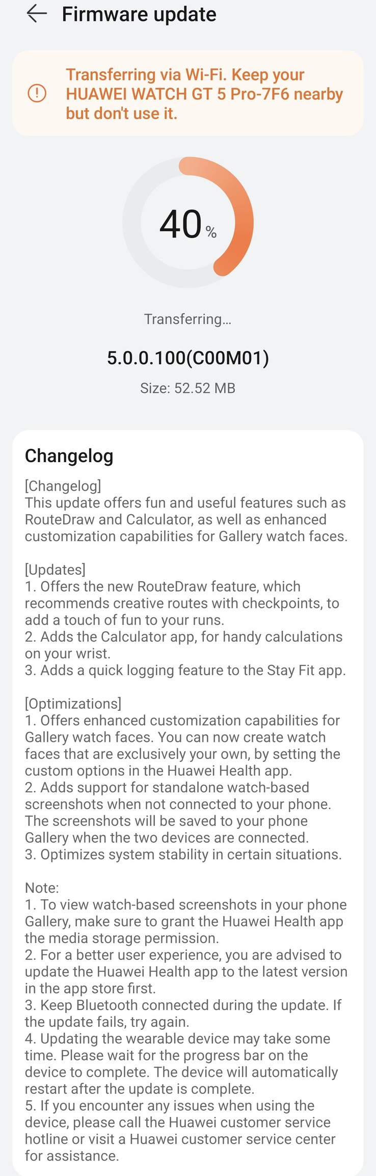 The change log for software version 5.0.0.100(C00M01). (Image source: u/d3mkatis via Reddit)