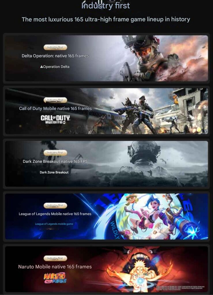 The OnePlus 15 to support 165 fps gameplay in popular mobile games. (Image source: Weibo - machine translated)