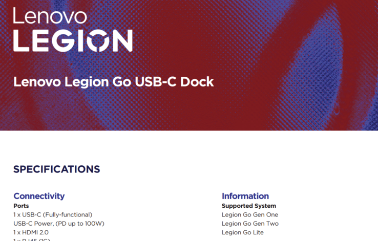 The Supported System heading in the 'Dock Compatibility' brochure lists the Lenovo Legion Go Gen Two alongside Gen One and Go Lite. (Image source: Lenovo)