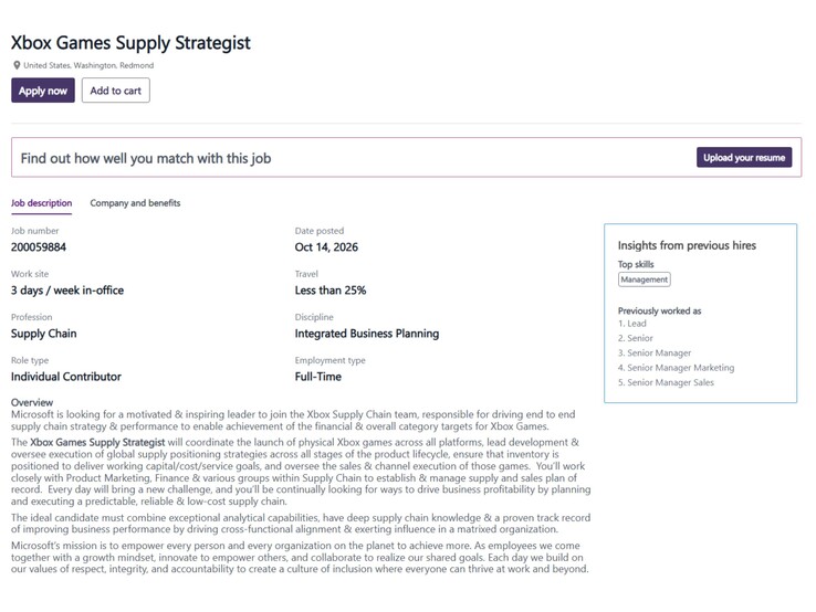 A screenshot from the careers section of Microsoft's official website showing an open position for an Xbox Games Supply Strategist.
