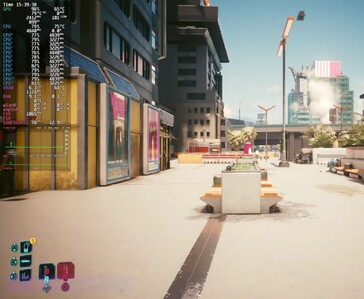 Cyberpunk 2077 running at 1080p Ultra with FSR Auto on the Steam Machine with an on-screen performance overlay
