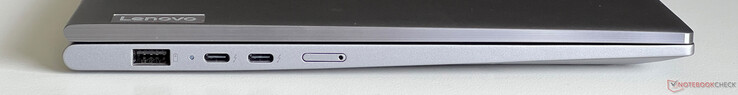 Left: USB-A 3.2 Gen 1 (5 Gbit/s, alway-on), 2x USB-C 4.0 with Thunderbolt 4 (40 Gbit/s, DisplayPort 2.1, Power Delivery 3.0), Nano SIM card