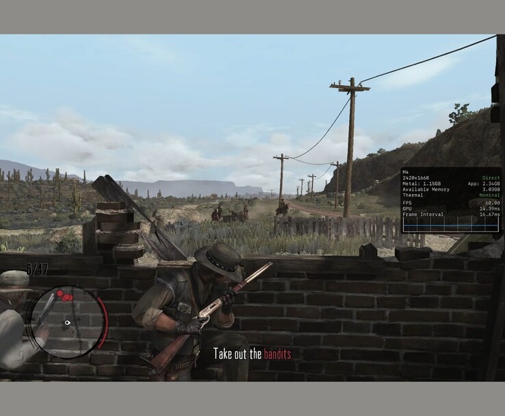 Red Dead Redemption running on an iPad Pro with the Metal performance HUD showing 60 fps output (Image source:  MrMacRight via YouTube)