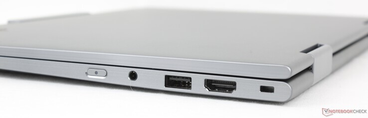 Right: Power button, 3.5-mm audio, USB 3.2 Gen 1 (5 Gbit/s), HDMI 2.1, Kensington Nano Security Slot