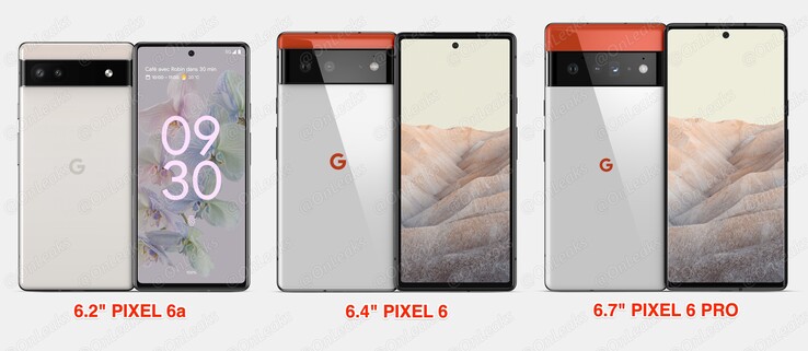 The Pixel 6a next to the Pixel 6 and Pixel 6 Pro. (Image source: @OnLeaks)