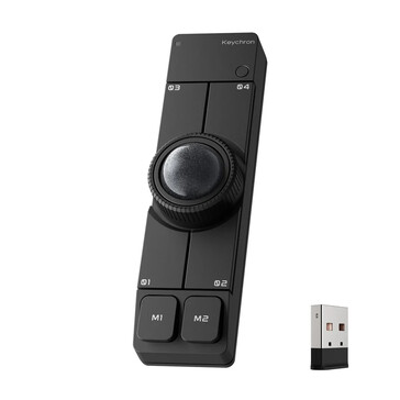 Keychron Nape Pro wireless trackball mouse in black along with a USB Type-A dongle