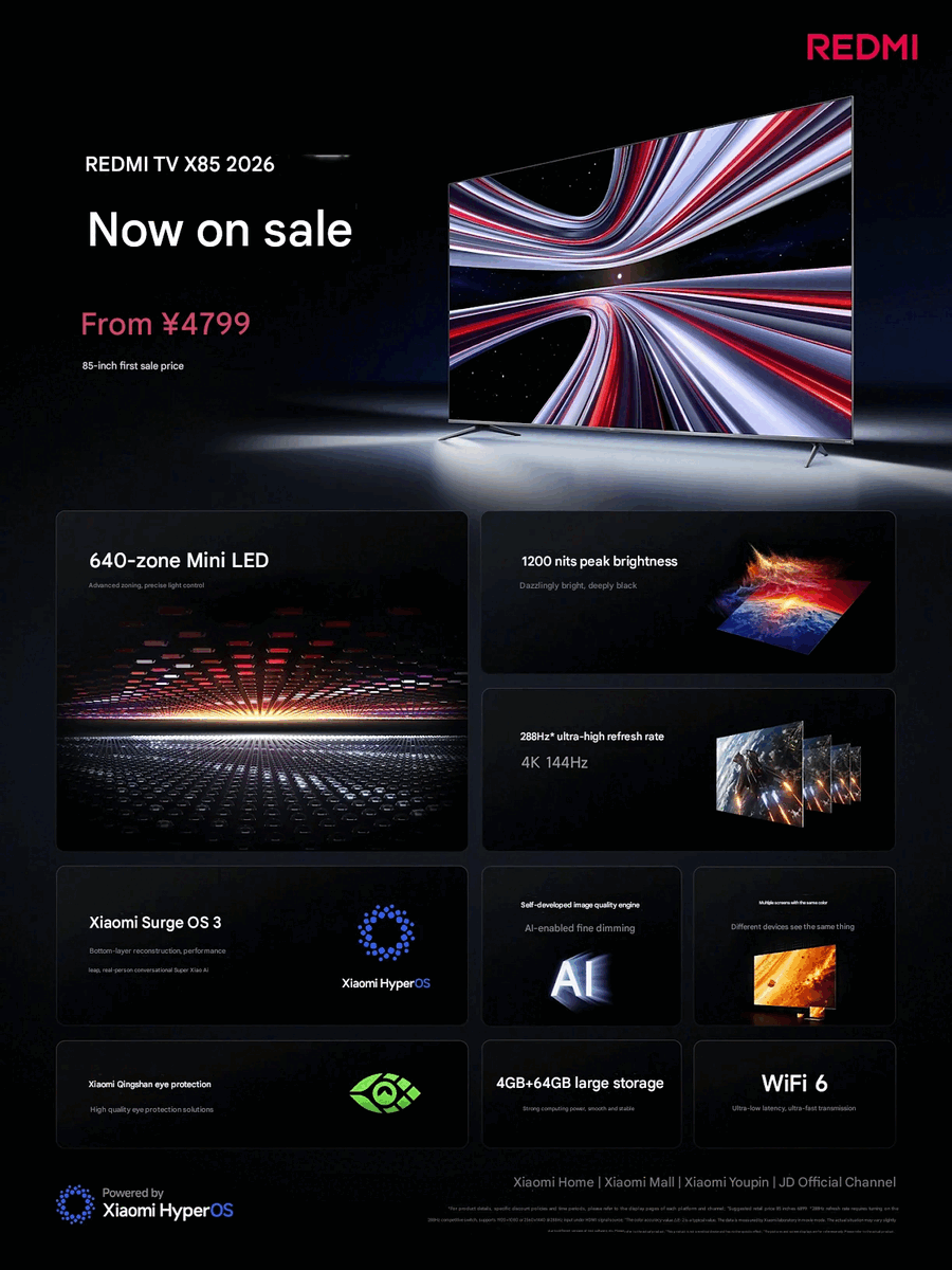 Xiaomi launches new Redmi TV X 2026 with Mini LED, up to 288Hz
