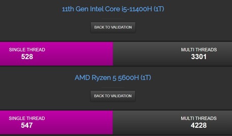 Intel Core i5-11400H vs. Ryzen 5 5600H. (Image source: CPU-Z Validator)