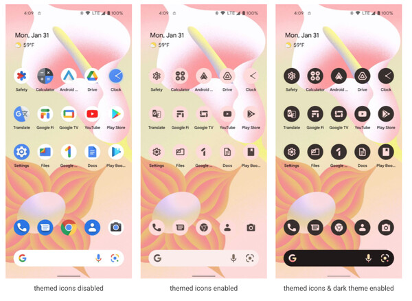 A themed icons beta is previewed above on a Google Pixel device running Android 13 Beta 1 (Image source: Android Dev Blog)